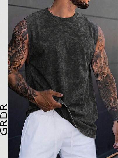 Camiseta de tirantes vintage minimalista de unicolor lavado para hombre GRDR, casual y versátil para el verano
