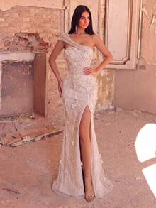 Faeriesty Elegant Floral Embroidered Slit Pearl Decor Formal Evening Gown & Cocktail Dress Wedding Party - Champagne - View 2