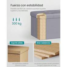 SONGMICS Puff Almacenaje, Banco de Almacenamiento, 38 x 110 x 38 cm, Soporta hasta 300 kg, para Sala de Estar, Dormitorio, Entrada, Gris MLSF70GY - gris - Ver 5