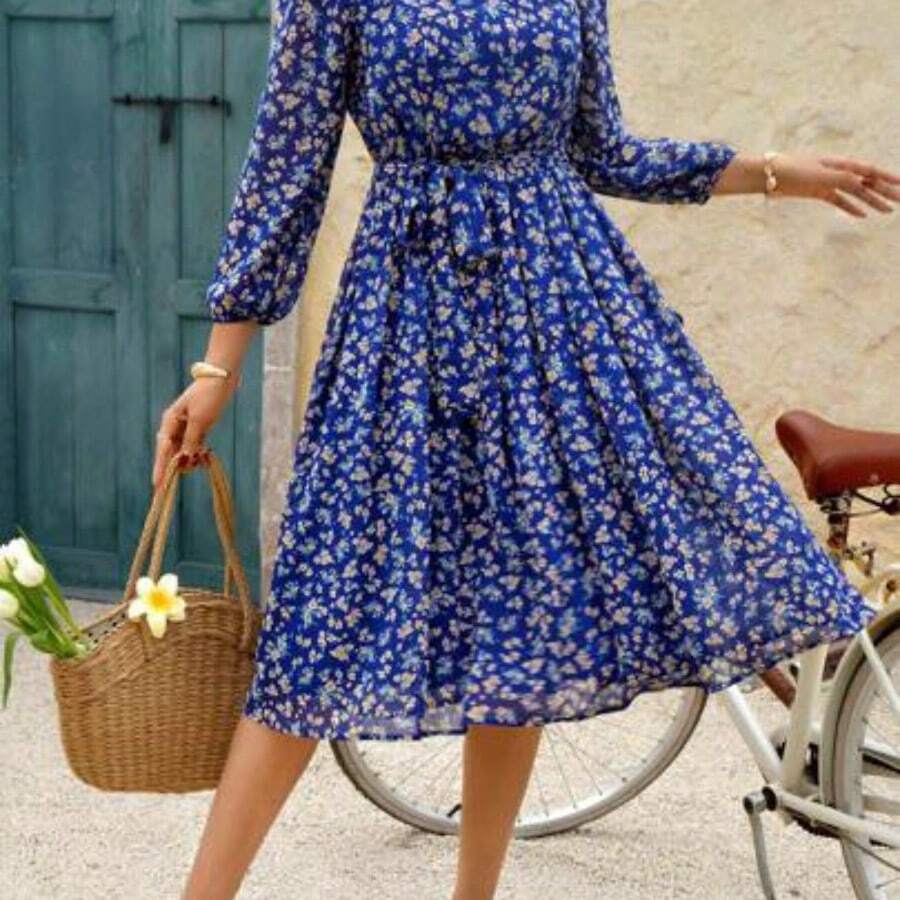 PoPoHouse Women's Elegant Summer Ditsy Floral Dress, Lantern Sleeve Round Neck, Vacation Wear, Spring/Summer - azul real - Ver 1