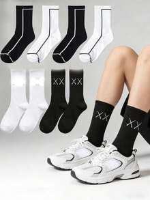 1 đôi tất ống kẻ sọc đen trắng cổ điển - Tất thể thao đường phố unisex, chất liệu cotton thoáng khí, kiểu dáng thường ngày đa năng. - Nhiều màu - Xem 1