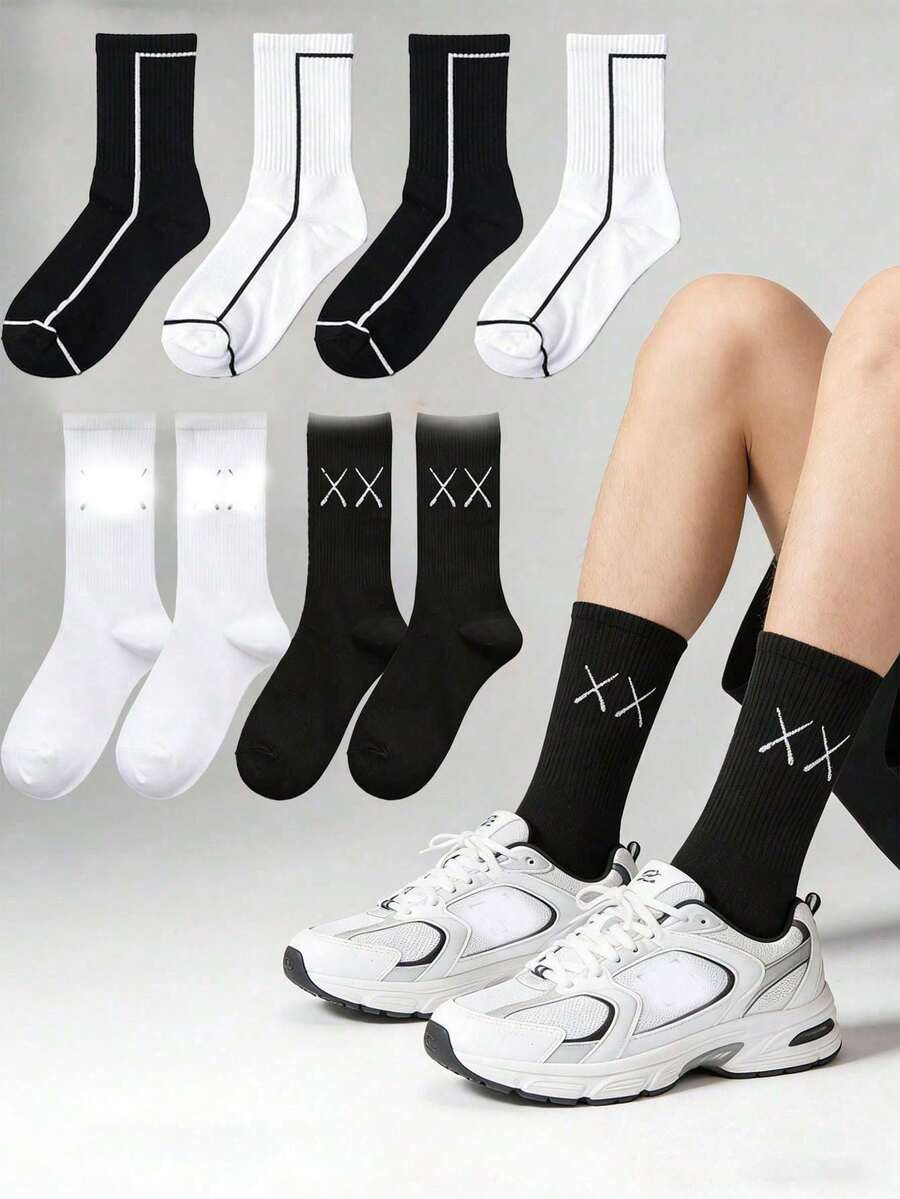 1 đôi tất ống kẻ sọc đen trắng cổ điển - Tất thể thao đường phố unisex, chất liệu cotton thoáng khí, kiểu dáng thường ngày đa năng. - Nhiều màu - Xem 1