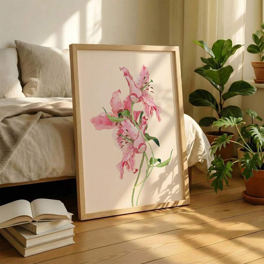 1件粉色百合花卉牆面藝術圖畫 水彩花卉帆布印畫｜丹麥風馬卡龍色調溫馨極簡裝飾，適用臥室、客廳或辦公室居家裝飾，唯美甜美花卉海報，送給她的禮物，無框，可選擇木製掛軸或裝框 - 圖案 - 查看 1