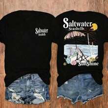 Camiseta de mujer con estampado de conchas marinas y palmeras de playa, camiseta casual de manga corta para mujer, ropa de mujer - Estilo vintage urbano, unisex, holgada, de algodón, de manga corta y cuello redondo. - Negro - Ver 1