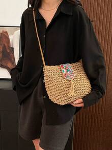 Summer Fashion Versatile Casual Handwoven Large Capacity Beach Straw Crossbody Bag - Khaki - View 8