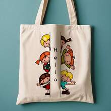1pc, Hello Kids Canvas Tote Bag Reusable Grocery Bags (35.05cm X 40.13cm), Playful Design Shoulder Bag For Daily Shopping, School, Commuting, Grocery Tote, Reusable Storage Bag For Gifts, Summer Fun - White - View 2