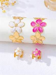 2pcs Jewelry Set, New European And American 5-Petal Flower Oil Drop Adjustable Bracelet And Ring For Women - Yellow Gold - View 6