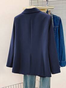 Women's Solid Color Notch Lapel Blazer With Pockets - Long Sleeve Button Front Office Jacket, Business Casual Coat, Suitable For Work, Home, Spring, Autumn, Summer, Winter - Navy Blue - View 5