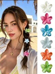 6个/1个 4厘米/1.57英寸 白色、粉色、浅蓝色、橙色、绿色、蓝色夏威夷芙蓉花塑料发夹，时尚百搭优雅简约纯色发爪，适合日常、休闲、派对、海滩、浴室、发型设计、旅行、生日等场合。 - 彩色 - 查看 1