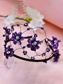1 pièce Serre-tête en résine violette avec fleur et strass, Accessoire de mode pour cheveux, Coiffe de mariée, Accessoire de cheveux pour mariage, fête, bal, femmes, printemps/été, festival, anniversaire - Prune - Voir 6