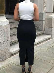 大码女式黑红绿条纹铅笔裙，弹力修身中长款紧身裙 - 黑色 - 查看 2