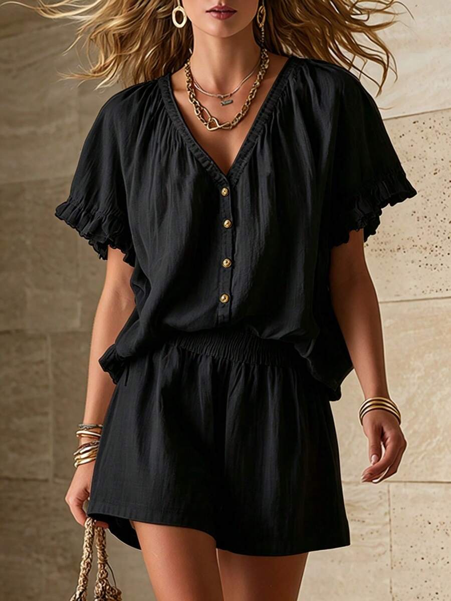 Women Outdoor Sets Casual Women's Black V-Neck Blouse And Shorts Two-Piece Set With Button Front, Ruffle Short Sleeves, And Slight Stretch Woven Fabric, Perfect For Summer Boho Style - màu đen - Xem 1