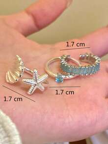 3 piezas/Set Anillos abiertos de moda con decoración de concha & estrella de mar, adecuados para el uso diario de las mujeres - Plateado - Ver 2