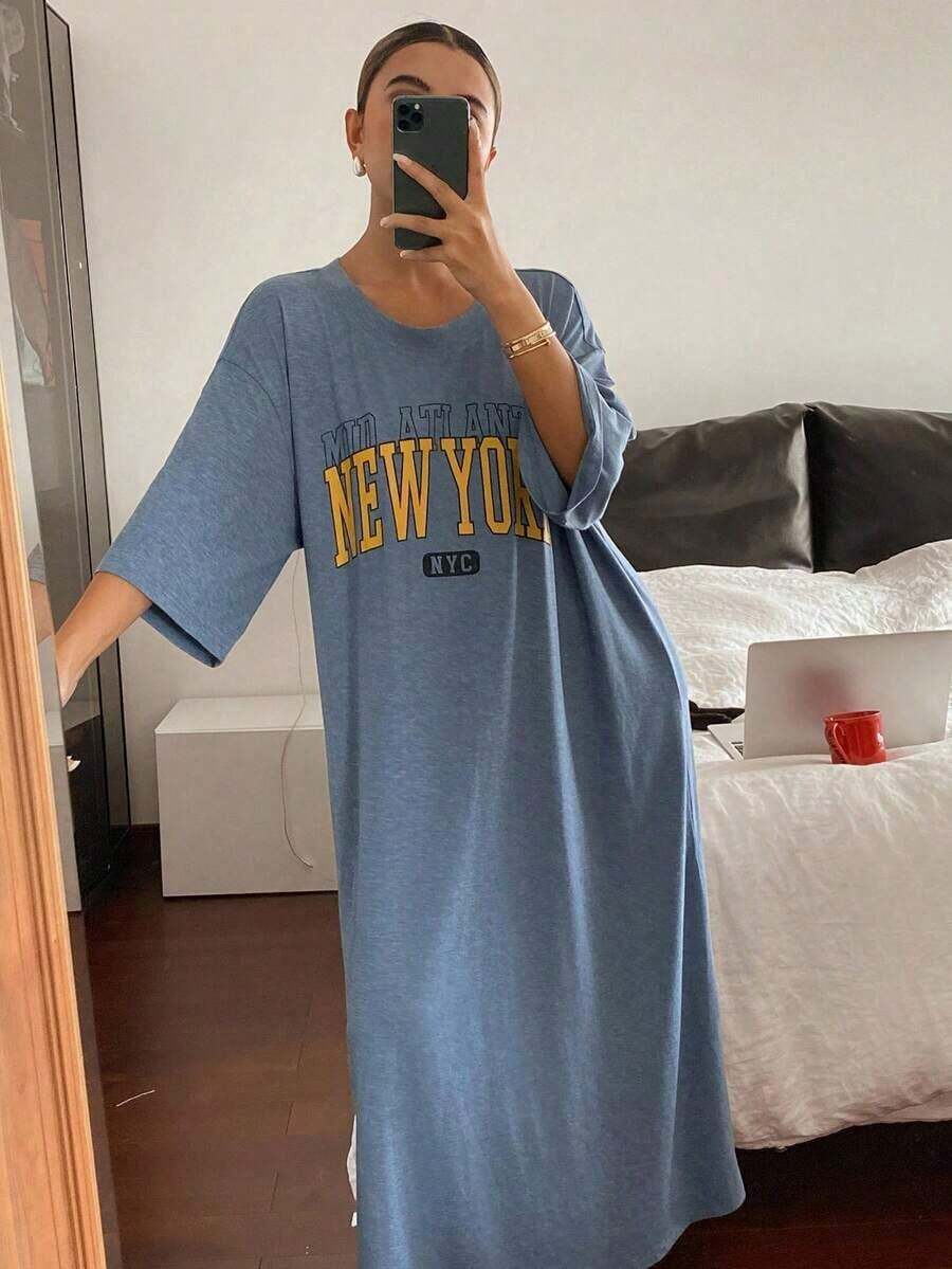 Vestido largo holgado con abertura en el bajo y estampado de letras para mujer, camisón, conjunto cómodo para otoño e invierno, camisón tipo "Moo Moo" - Azul - Ver 1