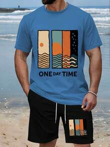2-Piece Set For Men, Vintage Style Casual And Unique Summer Two-Piece Set With Exquisite Roll-Up Sleeves And Scroll Decoration, Cartoon Print, Lightweight, Breathable, And Sweat-Absorbent Fabric - Sky Blue - View 14