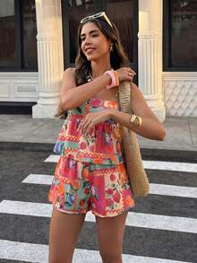 Spring/Summer Pleated Fruit Print Cami Top & Pants 2 Pieces Set, Casual Everyday Vacation Outfit - Multicolor - View 5