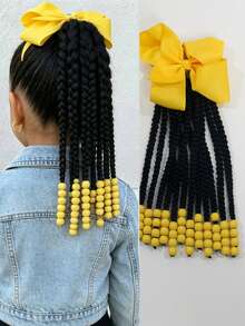 1 buah Wig Anak dengan Jepitan Pita, Ekor Kuda Pendek Mengembang dan Lucu dengan Manik-Manik Warna-warni, Cocok untuk Pemakaian Sehari-hari dan Pesta - Hitam - View 13