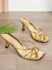 Crisscross Strap Peep Toe Stiletto Heel Slide Sandals, Gold, Fashionable Women High Heel Comfortable Formal Dress Shoes,Spring Summer Outfits - 金子 - 查看 3