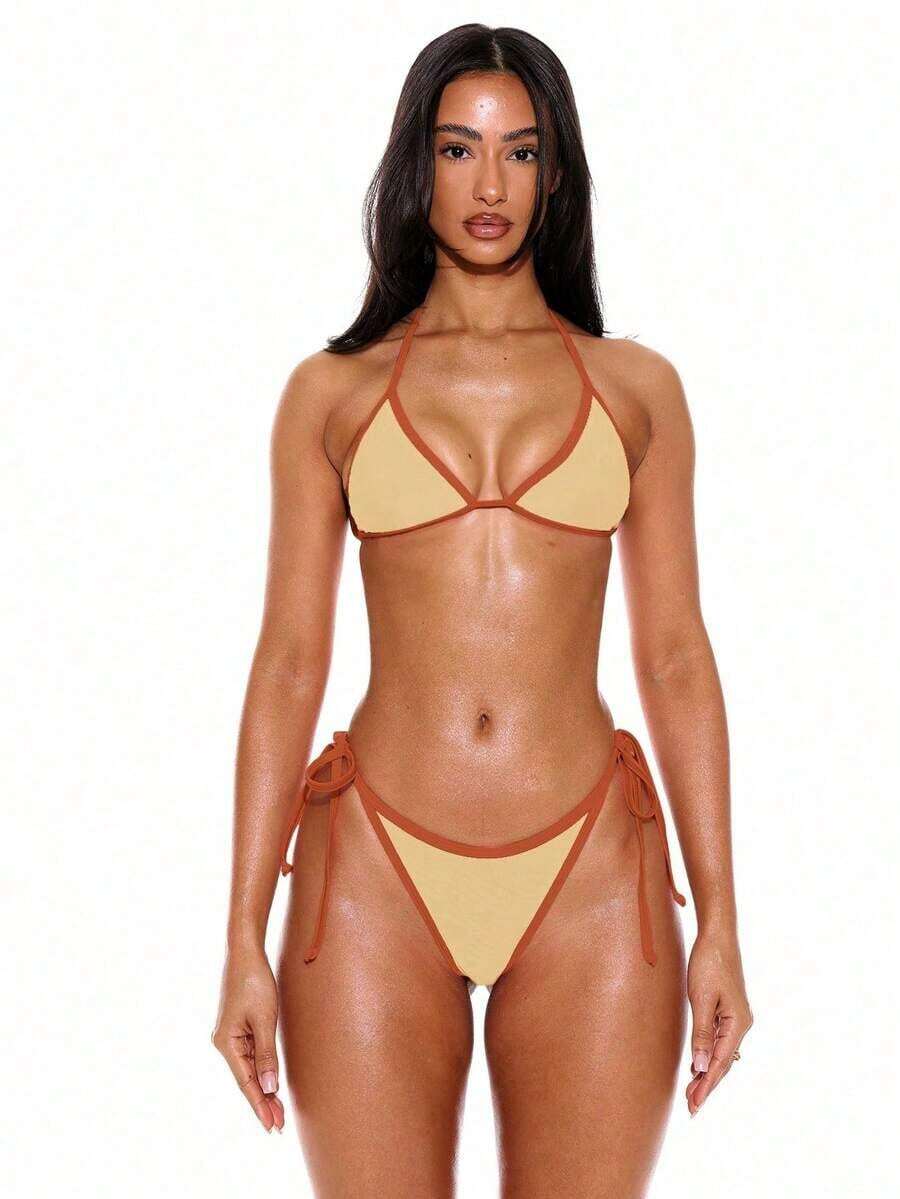 Top de Bikini Triangular con Cuello Halter y Ribete en Contraste de  Resort, Top, Verano, Primavera, Vacaciones,, Ropa de Playa Ibiza, Color Sólido - Amarillo - Ver 1