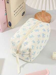 Cute Bow Make Up Bag Cute Bow Knot Pattern Toiletries Bag Travel Make Organizer Zipper Pouch, Quilted Cosmetics Bag, Stylish Foldable Commuter Makeup Bag For Brushes Aesthetic Cosmetic Bag For Gift, Friend, Girls, Student Quilted Floral Flower Zippered Makeup Bag Cute Floral Cosmetic Bag With Zipper Gift Storage Jewelry Organizer Box Bathroom Set Valentines Back To School Supplies - 藍色 - 查看 2