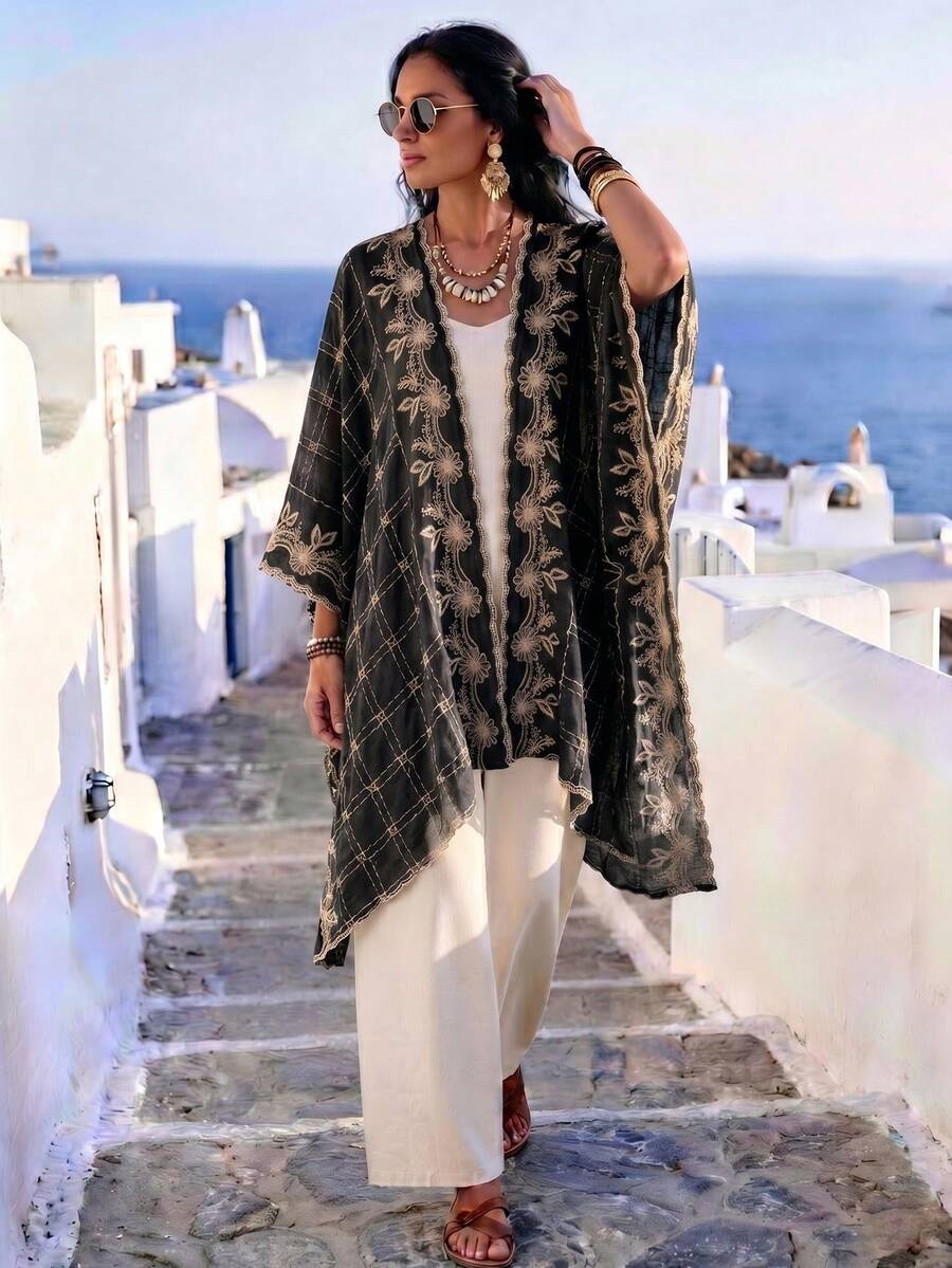 1 chiếc khăn choàng/khăn quàng cổ kimono/sarong thêu hoa kẻ caro thanh lịch kiểu Bohemian, thích hợp cho nữ mùa xuân/hè, nhẹ nhàng, đa năng, sang trọng, phù hợp mặc hàng ngày, là lựa chọn quà tặng tuyệt vời, vật dụng cần thiết cho kỳ nghỉ và du lịch. - màu đen - Xem 1