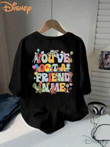 Disney Women's T-Shirt Toy Story Element Ladies Round Neck T-Shirt Front And Back Double Printing, Painted Multi-Role Classic Group Image, Soft And Skin-Friendly, New Spring And Summer Top, Recommended Disney Fans, Micro-Elastic. - 黑色 - 查看 2