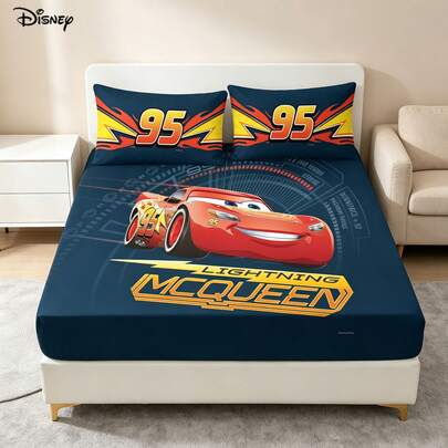 Disney 3 PiecesCool Lightning McQueen 95 Graphic Fitted Sheet With 2 Pillowcases Classic Dark Blue Racing Theme Bedding Set