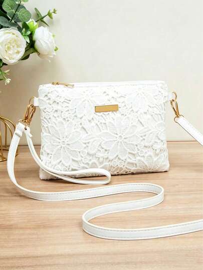 1pc White Lace Crochet Crossbody Wristlet Bag, Boho Shoulder Purse, Summer Beach Essential, Clutch Bag For Wedding Dating, Fits Phone Keys, Ideal Gift