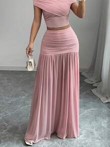 Spring Summer Autumn New High Waist Ruched Extra Long Skirt, Vacation & Commute Outfit - Pink - View 5