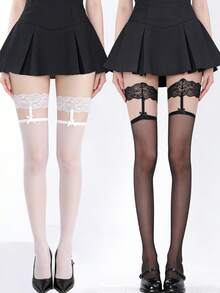 2 Pairs Black & White Sexy Lace Bow Stockings, Suitable For Dates, Parties And Vacations In Spring, Summer And Autumn - Multicolor - View 1