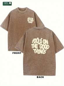 Summer Men's Retro Distressed 100% Cotton T-Shirt - Casual Summer Men's T-Shirt Printed With "All Eyes On The Good Things" - 咖啡色 - 查看 2