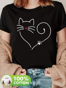 -Women's Short-Sleeved Shirt, 100% Pure Cotton, 180g, Cute Cat Print, Perfect For Holidays, Festivals And Graduation Ceremonies, New Spring Style - NC-13272 - Black - View 7
