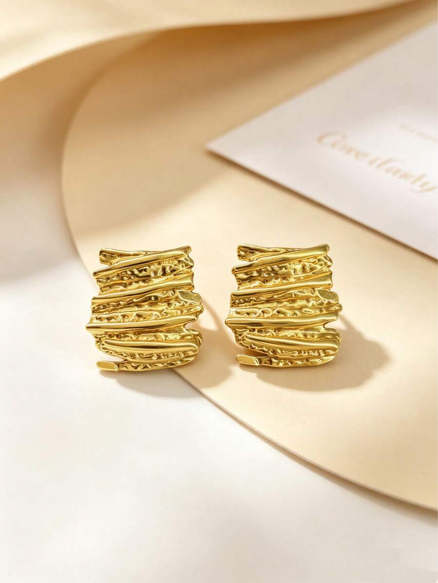 Multifunctional Gold Stainless Steel Pleated Charm Earrings; Abstract Asymmetrical Shape Stud Earring Design Charming; Lightweight Daily Wear Jewelry, Bold Eye-Catching Design, Easy To Match With Any Outfit; Suitable For Work, Daily Outings And Parties And Other Occasions - Multicolor - View 1