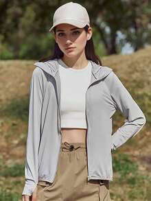 Chamarra de sol para mujer con protección UV completa chaqueta deportiva ligera con capucha para actividades al aire libre running gimnasio senderismo camping pesca playa viajes look de aeropuerto y paseos diarios manga larga con puños ajustables con orificio para pulgar cierre de cremallera frontal capucha con visera y protección facial integrada bolsillos laterales tela transpirable de secado rápido anti-UV color gris claro apta para primavera verano y temporadas cálidas - Albaricoque - Ver 9