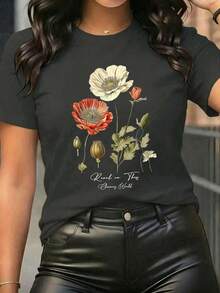 K, Local Spring/Summer Urban Fashion. Women's Blouses, Women's T-Shirts. 180g (S-XXXL) Women's Oversized T-Shirt "Poppy Flowers" - Dark Gray With Vintage Floral Print And Inspirational Phrase - 深灰色 - 查看 2