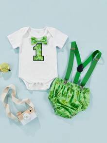 Infant Baby Boys Summer Suit, Short Sleeve Number Printed Bowknot Romper Tops Printed Suspender Triangle Shorts - Verde - Ver 2