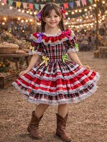 Country Dress For Children, Youth, June Festival, Traditional Square Dance, São João, Butterflies Kids - 紅色和黑色 - 查看 2