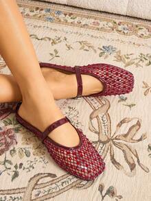 2026 New Plus Size Rhinestone Decor Buckle Slip-On Sandals, Gold Square Toe Flat Casual Breathable Fishnet Vamp Slip-On Sandals For Women, Summer - Burgundy - View 5