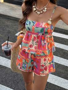 Spring/Summer Pleated Fruit Print Cami Top & Pants 2 Pieces Set, Casual Everyday Vacation Outfit - Multicolor - View 2