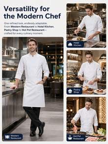 1pc Men's Solid Color Long Sleeve Button Design Mandarin Collar Chef Shirt, Unisex White Chef Uniform Suitable For Kitchen, Bakery, Restaurant And Hotel Work - White - View 4