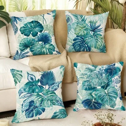 MEMNUN 4 fundas de almohada con estampado de hojas verdes menta y flores de anacardo [sin relleno de almohada], 17.7*17.7in(45*45cm)/19.69*19.69in(50*50cm)/15.75*15.75in(40*40cm), [impresión de un solo lado], hechas de tela de poliéster, fundas de cojín decorativas con plantas para sofá, cama, sala de estar, dormitorio, coche, oficina, hotel, adecuadas para todas las estaciones, regalo perfecto para familiares y amigos