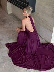 European Maxi Dress Spring 2026, Halter Backless, Slit And Sexy Drawstring - Dark Purple - View 2