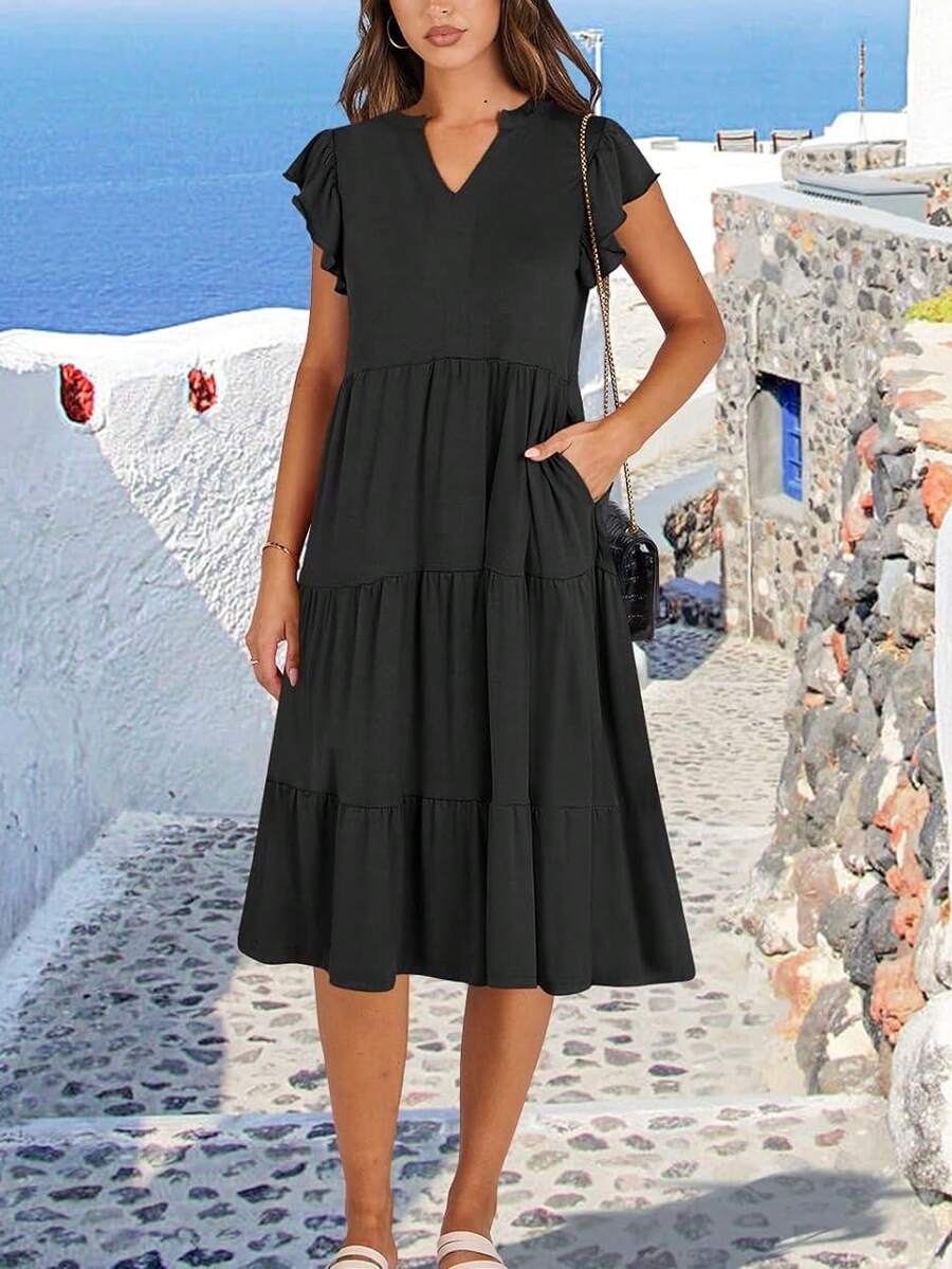 Đầm hè nữ DOUCIU tay bồng cổ chữ V dáng midi thời trang thường ngày dáng suông xếp tầng phong cách boho đi biển nghỉ mát - màu đen - Xem 1