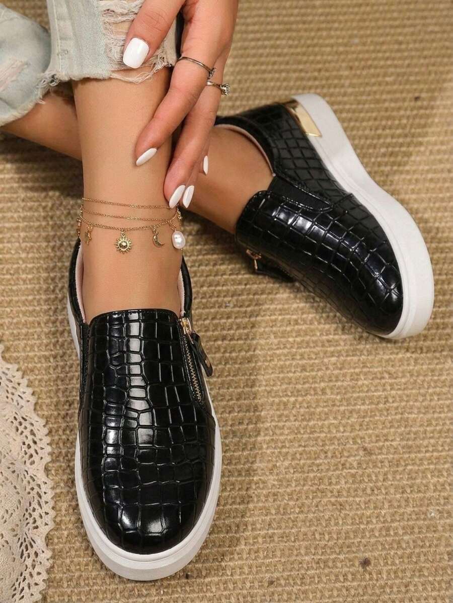 Women's Slip On Loafers With Arch Support & Side Zipper – Casual Fashion Sneakers 8010 - blackcroco - View 1