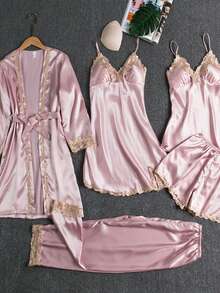 Five Piece Set Of Fashionable Multi Colored Optional Satin Contrasting Lace Straps With Waist Cinching Comfort, Suitable For Women To Wear As Outerwear For Home Wear - Hồng - Xem 9