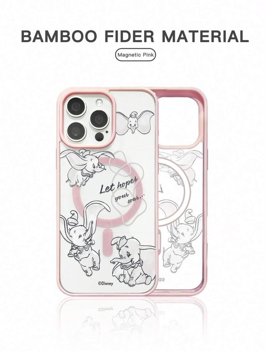 1 pieza Nuevo estuche de carga inalámbrica con soporte magnético, diseño de protección de cámara elevada de color rosa creativo, funda de teléfono con arte de línea minimalista y dibujo animado único autorizado de Disney Dumbo, cubierta protectora anti-caídas gruesa compatible con Apple iPhone 17 ProMax/Air, 16, 11/12/13/14 Plus/XR/7/8 Plus/15 ProMax, regalo para parejas - Rosa - Ver 1