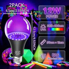 【万圣节限定】Kasotile LED 黑光灯泡 - 12W(相当于 100W 白炽灯)A19 紫外线黑光灯,UVA 波长 385–400nm,E26/E27 中号螺口灯座 - 适用于黑光派对、荧光海报和霓虹灯效果(2 个装) - 紫光 - 查看 3