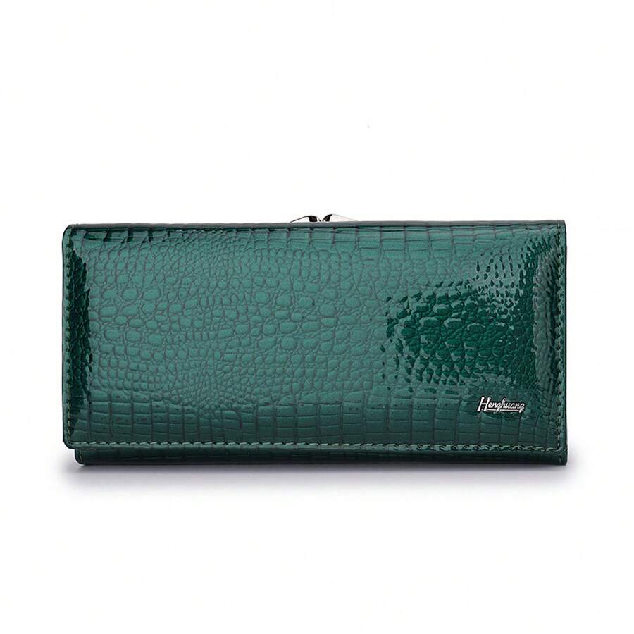 Women's Full Genuine Leather Wallet, Patent Leather Pattern, High-End Feel, Large Capacity Clutch Bag - Green - View 1