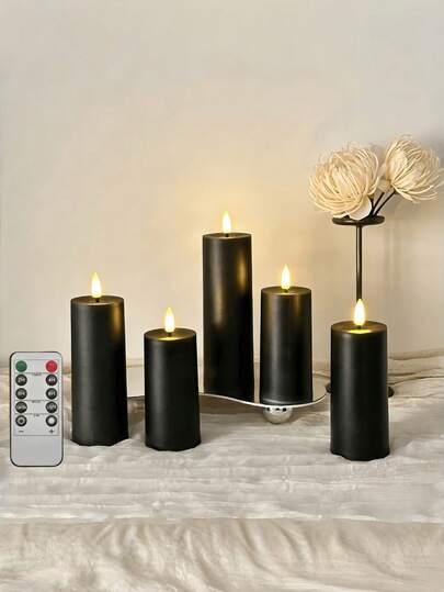 5 piezas de velas sin llama, velas LED realistas alimentadas por batería con control remoto y temporizador, adecuadas para bodas, cumpleaños, Halloween, Navidad, decoración gótica (negro)