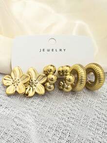 6/18pcs European And American Style Versatile Gold Stud Earrings, Women Plated Flower/Geometric Earrings, Suitable For Work, Dating, Daily Wear - Gold - View 4